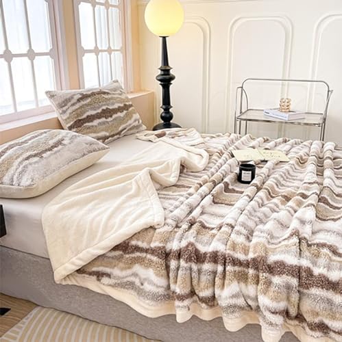 Fennco Styles Beige Stripe Fuzzy Faux Fur Fleece Throw Blanket