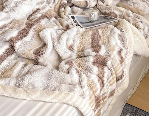 Fennco Styles Beige Stripe Fuzzy Faux Fur Fleece Throw Blanket