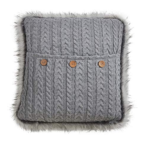 Fennco Styles Nordic Collection Country Faux Fur Trim Button Cable Knit 18 x 18