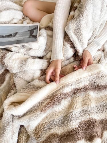 Fennco Styles Beige Stripe Fuzzy Faux Fur Fleece Throw Blanket