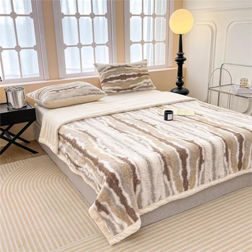 Fennco Styles Beige Stripe Fuzzy Faux Fur Fleece Throw Blanket
