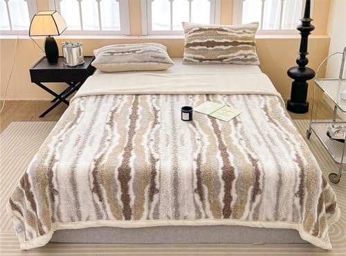 Fennco Styles Beige Stripe Fuzzy Faux Fur Fleece Throw Blanket