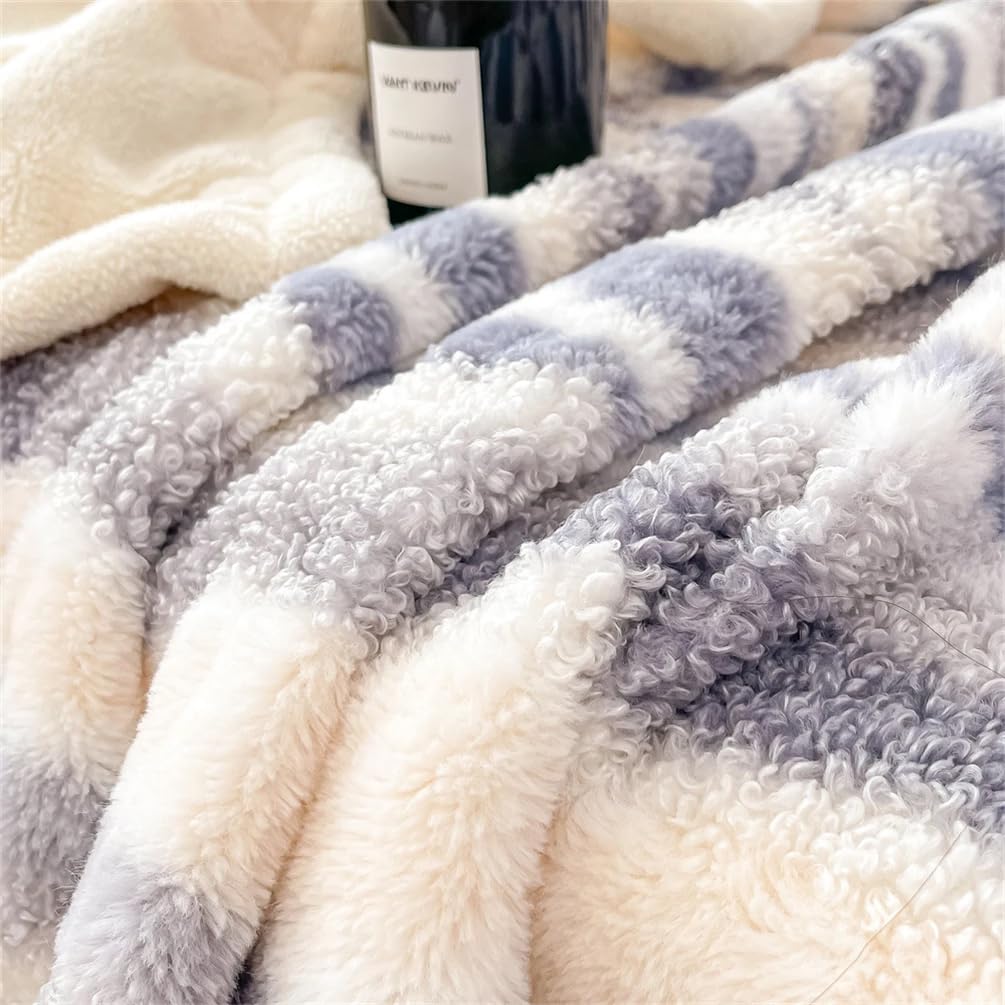 Fennco Styles Beige Stripe Fuzzy Faux Fur Fleece Throw Blanket