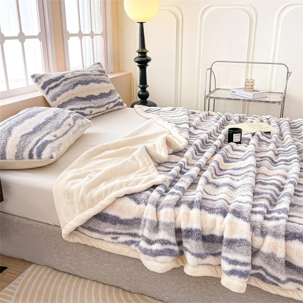 Fennco Styles Beige Stripe Fuzzy Faux Fur Fleece Throw Blanket