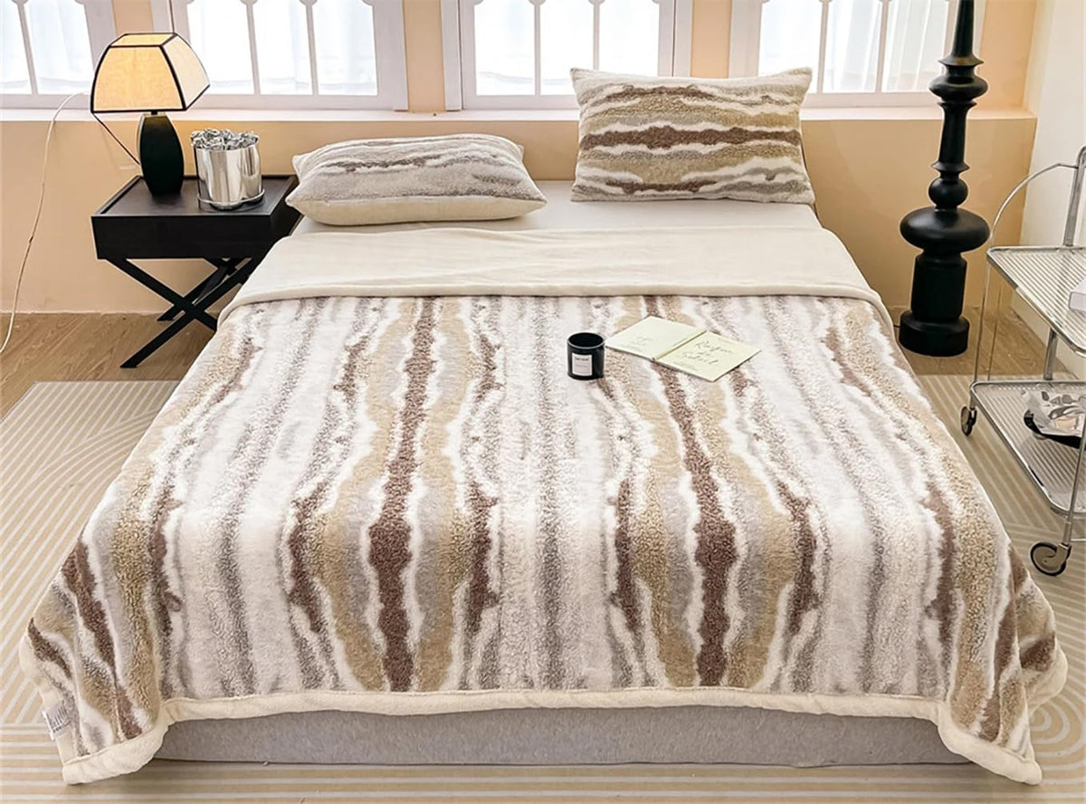 Fennco Styles Beige Stripe Fuzzy Faux Fur Fleece Throw Blanket