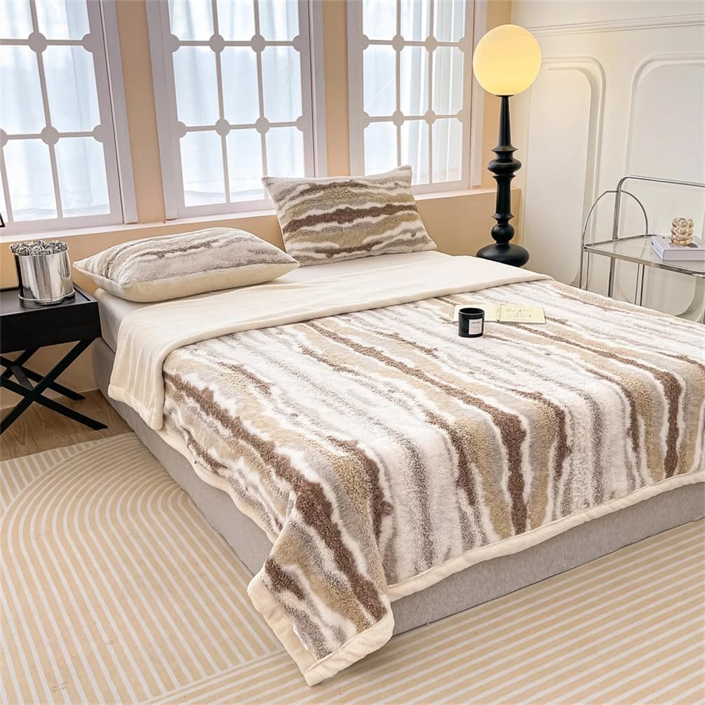 Fennco Styles Beige Stripe Fuzzy Faux Fur Fleece Throw Blanket