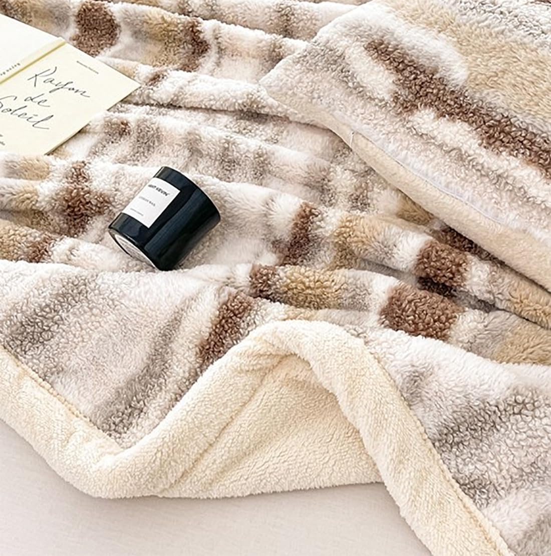 Fennco Styles Beige Stripe Fuzzy Faux Fur Fleece Throw Blanket