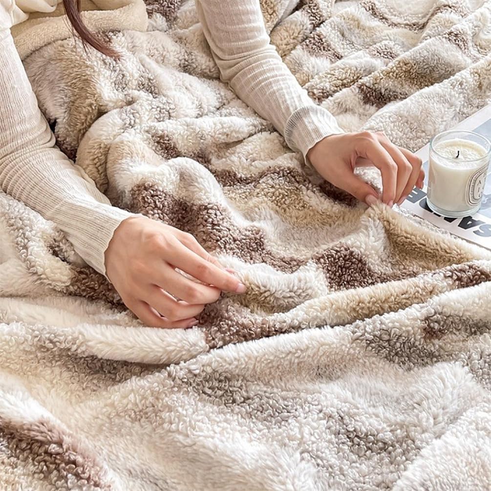 Fennco Styles Beige Stripe Fuzzy Faux Fur Fleece Throw Blanket