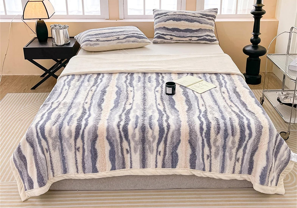 Fennco Styles Beige Stripe Fuzzy Faux Fur Fleece Throw Blanket
