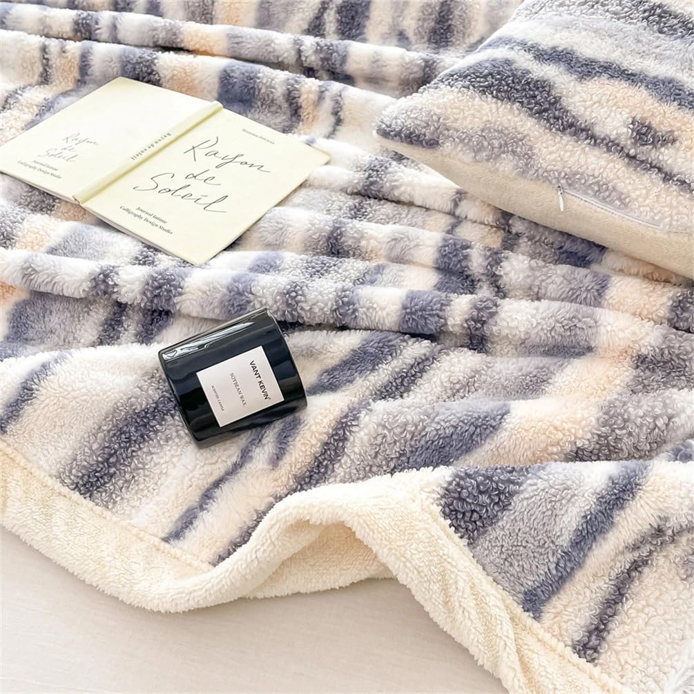 Fennco Styles Beige Stripe Fuzzy Faux Fur Fleece Throw Blanket