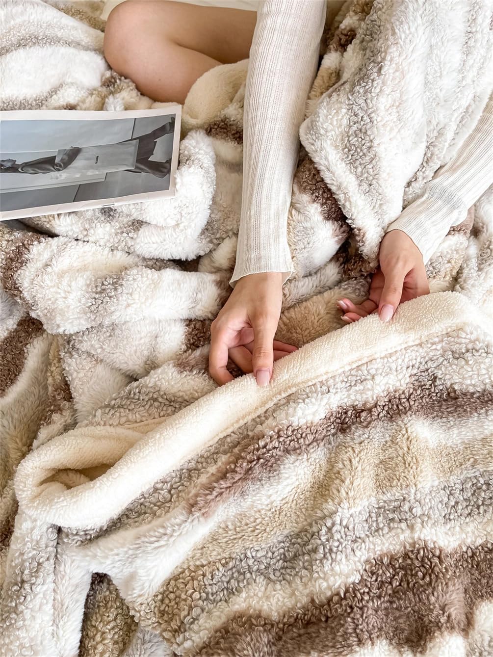 Fennco Styles Beige Stripe Fuzzy Faux Fur Fleece Throw Blanket