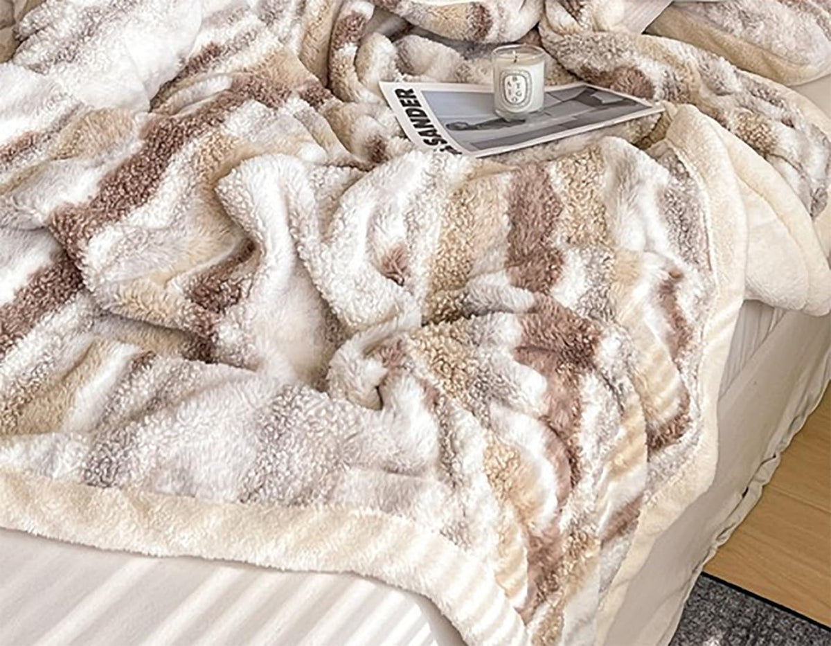 Fennco Styles Beige Stripe Fuzzy Faux Fur Fleece Throw Blanket