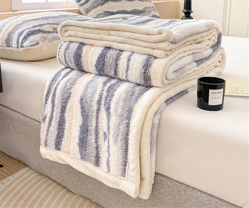 Fennco Styles Beige Stripe Fuzzy Faux Fur Fleece Throw Blanket