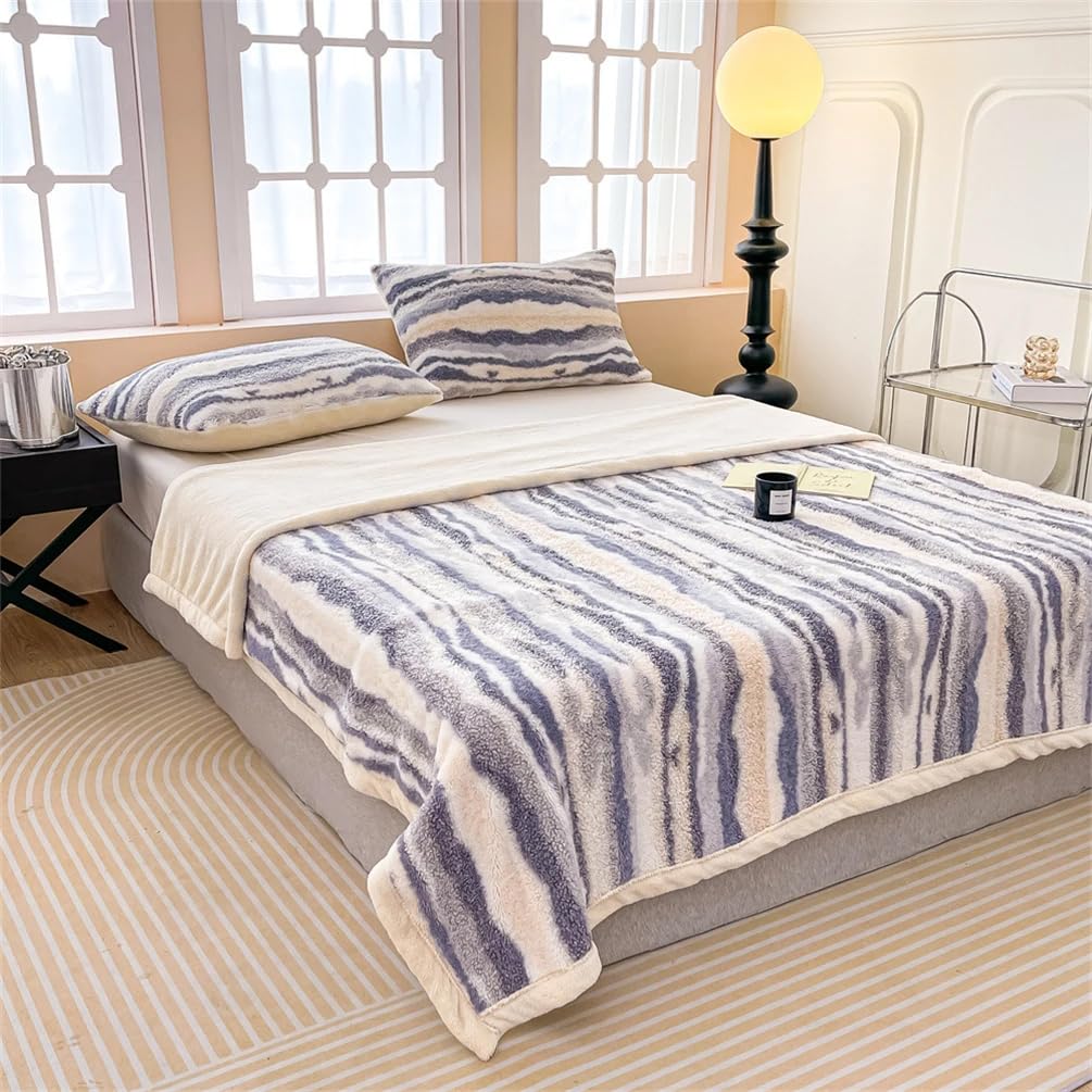 Fennco Styles Beige Stripe Fuzzy Faux Fur Fleece Throw Blanket