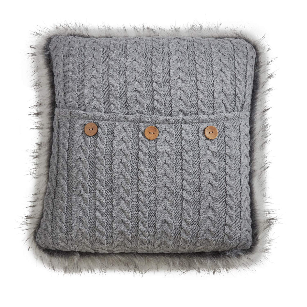 Fennco Styles Nordic Collection Country Faux Fur Trim Button Cable Knit 18 x 18